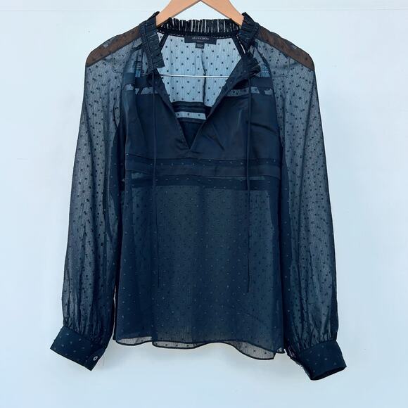AllSaints Vida Shimmer Swiss Dot Long Sleeve Sheer Black Small Blouse Top - Picture 2 of 7